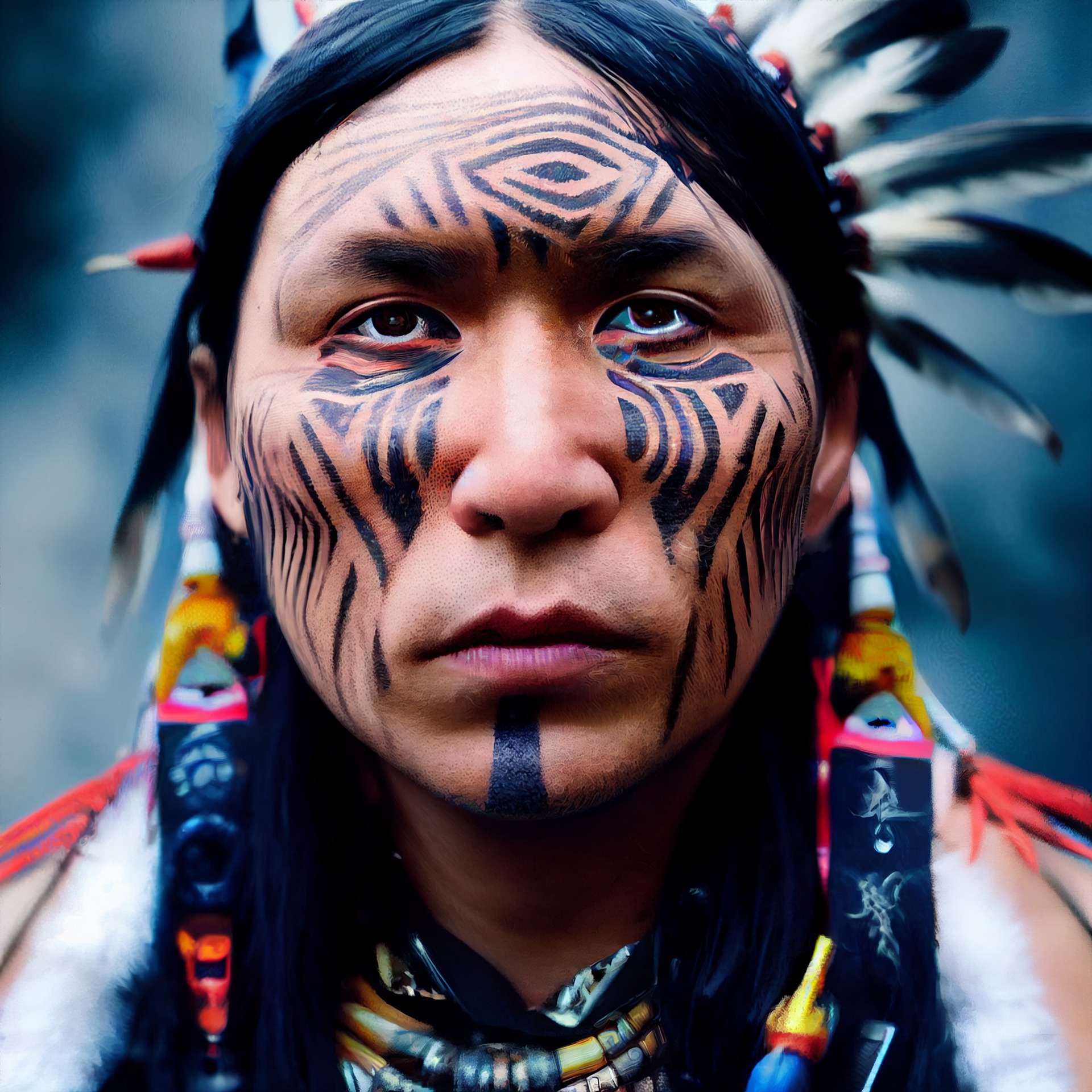 Bild eines amerikanischen Indianers mit Federschmuck, in Farbe